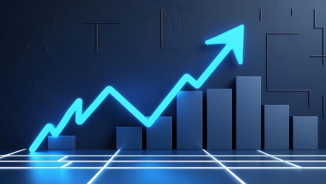 Futuristic glowing data visualization graph with neon light bars and line chart on dark background - Powered by Adobe