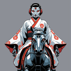 vector image of a robot wearing a kimono riding a robot horse