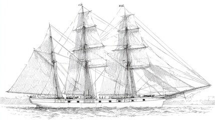 Detailed black and white drawing of a sailing ship.