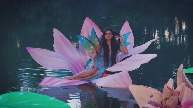 Night lake blue fog. Fantasy elf woman little fairy with butterfly wings sits in water lily flower throne. Summer nature dusk scenery artificial huge pink flowers on water. River nymph girl princess