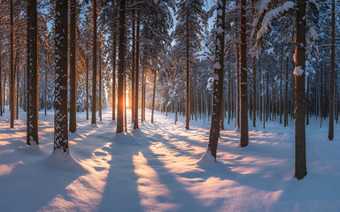 Sunlight shining through snow covered trees in winter forest