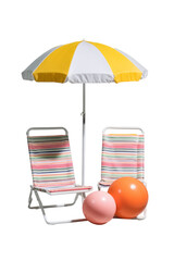 Set of colorful beach chairs and umbrella isolated on a transparent background, evokes a playful summer vibe, perfect for vacation planning or leisure themes