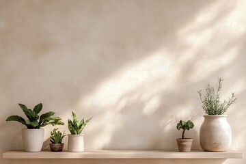Beige wall with plants on shelf