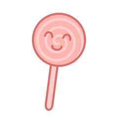 Pink swirl lollipop with smiling cute face. Sweet candy icon for party decor, confectionery branding and kids menus.