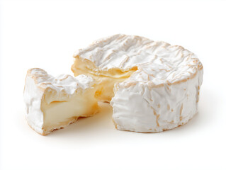 Creamy camembert cheese wheel with a slice removed, showing soft interior