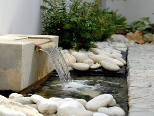 Small artificial waterfall cascading into pond in tranquil garden setting