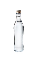 Clear glass bottle with metal cap isolated on transparent background, perfect for packaging design or product display, evokes purity and simplicity