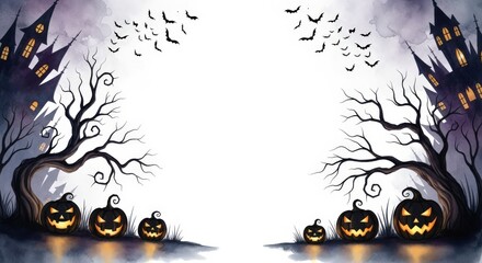 Halloween spooky scene with haunted castles and jack-o'-lanterns, a spooky frame.