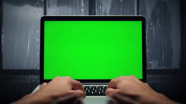 Hands typing on laptop with green screen