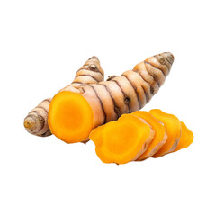 Fresh turmeric root isolated on a transparent background, vibrant orange slices showcasing its rich color, perfect for health and wellness themes