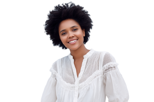 Smiling young Black woman in a white blouse, isolated on a transparent background, conveying confidence and warmth, suitable for lifestyle and fashion themes