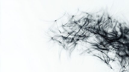 Close up of dandelion spore blowing away on white background 
