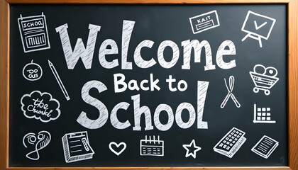 Welcome back to school message written on a chalkboard with cute illustrations.