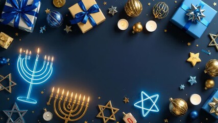 Hanukkah menorah, gifts, ornaments, and stars of david create a festive border. - Powered by Adobe