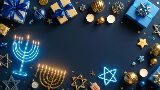 Hanukkah menorah, gifts, ornaments, and stars of david create a festive border.