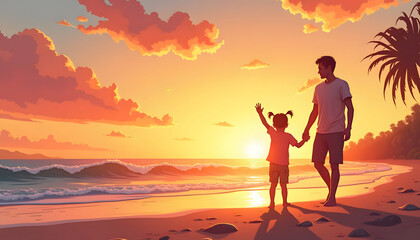 Father and daughter enjoying a sunset walk on the beach, holding hands and enjoying their vacation.