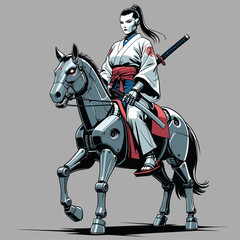 vector image of a robot wearing a kimono riding a robot horse
