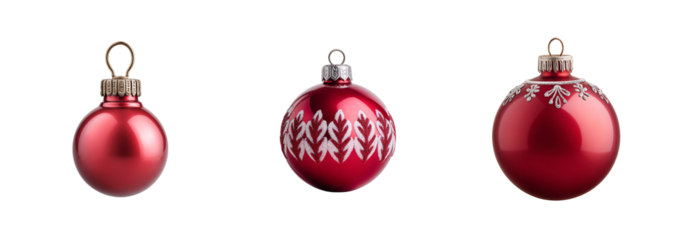 Set of three red Christmas ornaments isolated on a transparent background, festive and decorative vibe, perfect for holiday-themed designs and celebrations