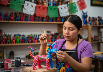 Woman painting a colorful alebrije sculpture in a workshop with shelves of figurines behind her