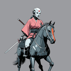 Naklejka premium vector image of a robot wearing a kimono riding a robot horse