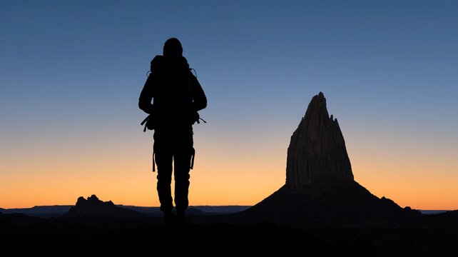Mountain climber silhouette gazing at distant peak under sunrise light symbolizing adventure spirit and freedom inspiration