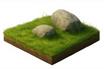 Square patch of grass with rocks on transparent background