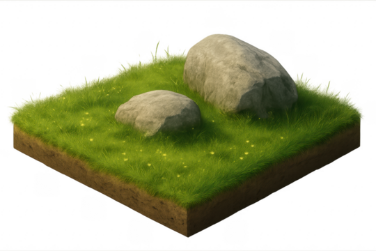 Square patch of grass with rocks on transparent background - Powered by Adobe
