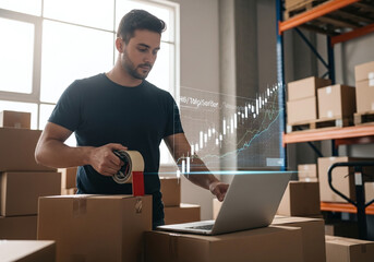 Man with tape and laptop amidst boxes with financial chart overlay in a warehouse setting