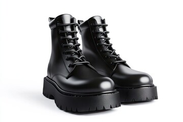 Black leather combat boots, studio shot