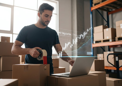 Man with tape and laptop amidst boxes with financial chart overlay in a warehouse setting