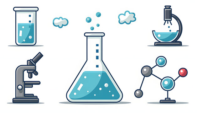 Science lab illustration featuring beakers, microscopes, and molecule models