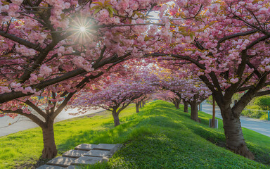 A row of cherry blossom trees in full bloom on a sunny day