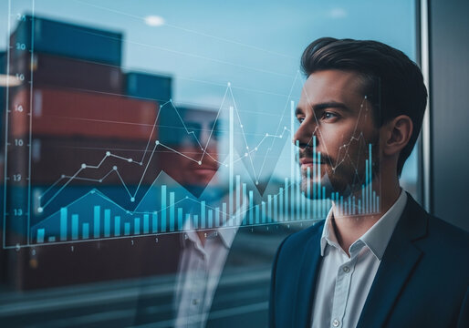 Man in suit looking at data charts with shipping containers in background through a glass window