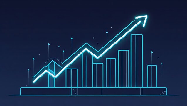Futuristic glowing data visualization graph with neon light bars and line chart on dark background