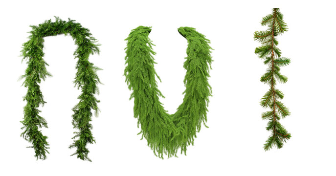 Set of green garlands isolated on a transparent background, perfect for holiday decorations, evokes a festive and natural ambiance, ideal for Christmas themes