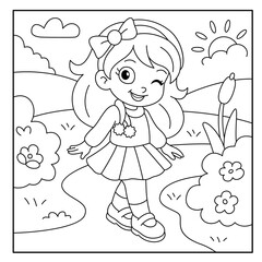 Happy Girl Walking in Flower Garden – Spring Day Coloring Page for Kids