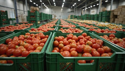 Rows of fresh ripe red tomatoes fill green plastic crates inside large warehouse. Bulk produce display agriculture, food distribution for supermarkets, grocery stores, promoting healthy eating.