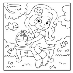 Smiling Girl Holding Fruit Basket in Park – Nature Picnic Coloring Page for Kids