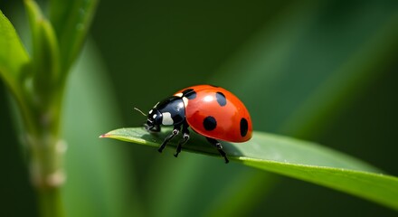 Fototapeta premium Close-up of a Ladybug on a Green Leaf with a Soft Bokeh Background