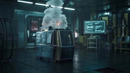 Futuristic laboratory equipment with steam rising from a complex machine illuminated by artificial lighting creating a sci fi atmosphere