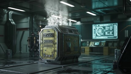 Futuristic laboratory with glowing advanced technology and holographic interface displaying complex data and scientific research