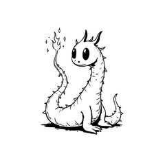 Whimsical dragon illustration with fiery tail and spiky scales, a delightful creature in black and white art, enchanting storybook adventure