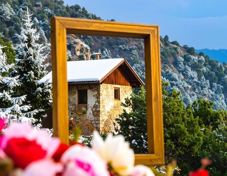 Mountain cabin framed by nature