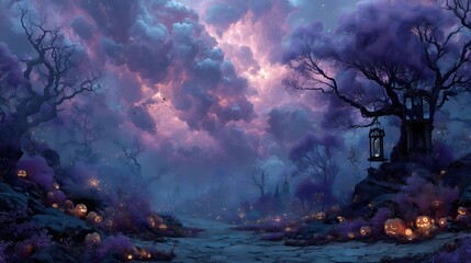 Fototapeta premium Halloween Pumpkin Lanterns Lighting Up a Magical Forest Path. Generative AI