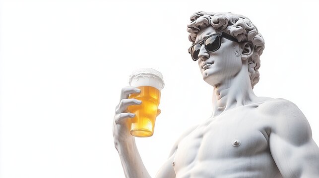 David statue, marble, wearing rayban wayfarer, having a beer, smiling, full body white background 