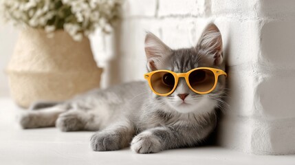 Cute gray kitten wearing yellow sunglasses relaxing indoors on a sunny day
