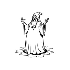 Obraz premium A wizard stands casting spells, dressed in a flowing robe with outstretched arms conjuring magic powers for a mystical enchantment