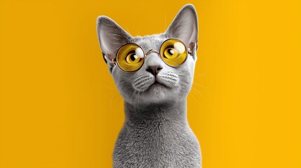 Cat in stylish yellow glasses against a bright yellow background during daytime