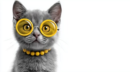 Cute gray kitten wearing yellow glasses and a necklace poses for attention