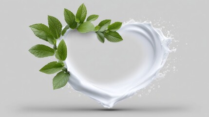 Heart shape made of fresh mint leaves and creamy texture on gray background